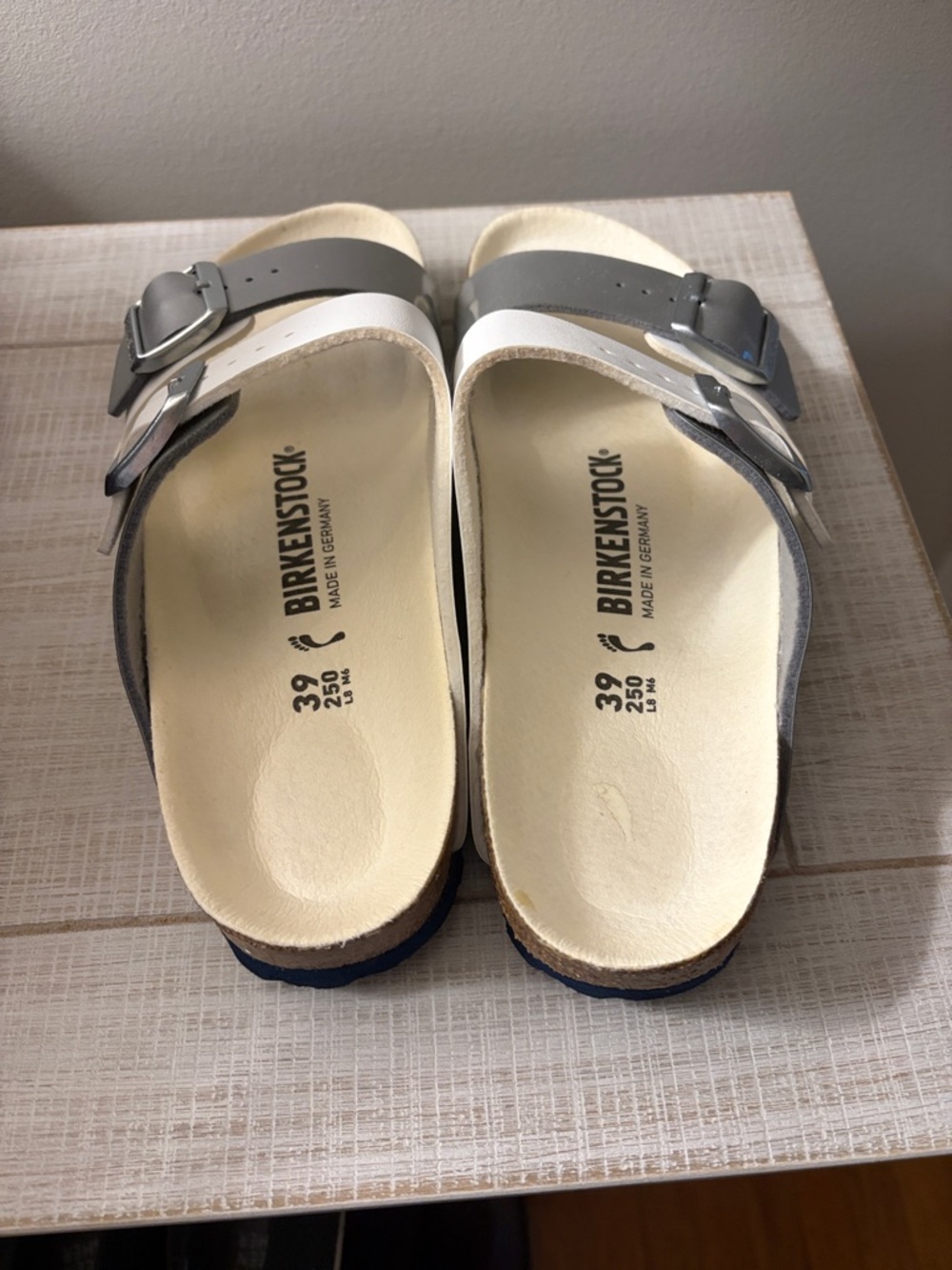 Birkenstock Arizona Two-Strap Sandals in White and Silver Metallic - Picture 2 of 3